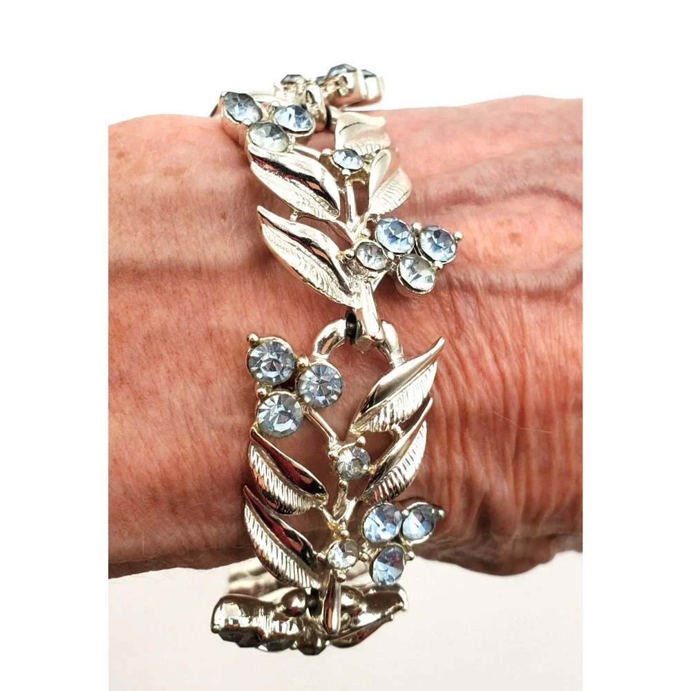 Vintage Coro Blue Rhinestone Bracelet Leaf Berry Safety Chain 7